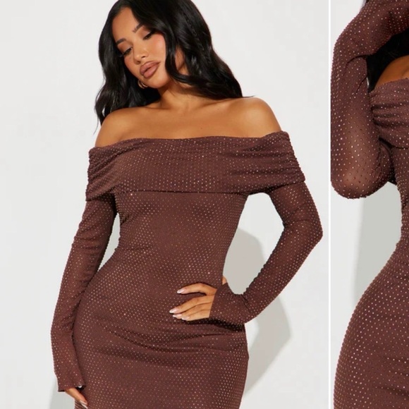 Embellished Brown Maxi Off-Shoulder Dress - Picture 3 of 7